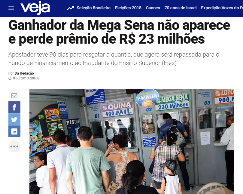 1. Quando alguém ganhou R$ 23 milhões na Mega-Sena e não retirou o prêmio