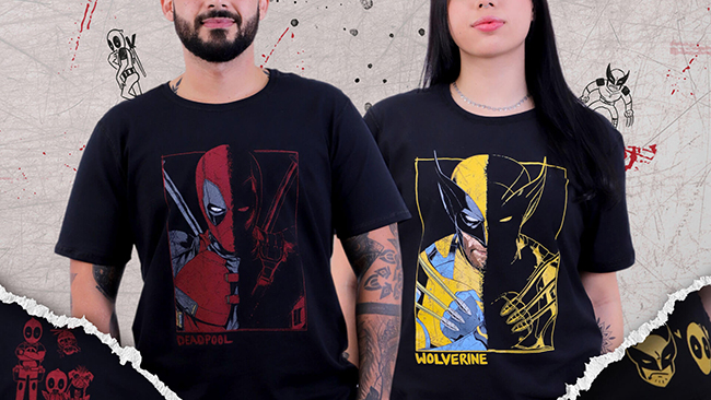 Confira a linha completa da coleção de camisetas e produtos Deadpool & Wolverine no site da Piticas.