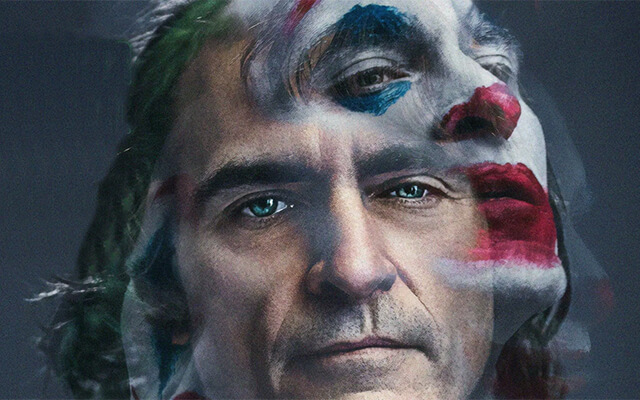 Retrato simbólico do Coringa, com a face dividida entre a persona do palhaço e a identidade real de Arthur Fleck.