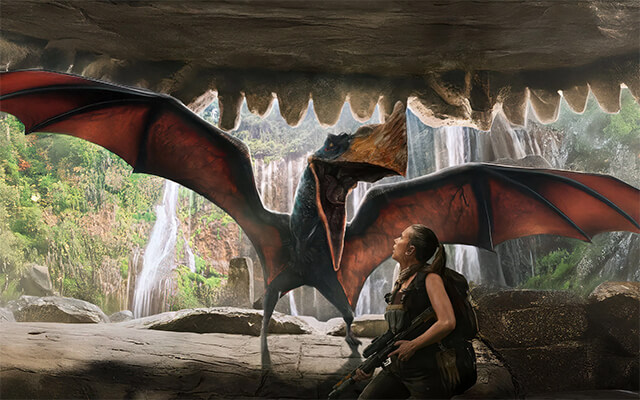 Zora Bennet encara dinossauro voador em caverna no filme Jurassic World: Recomeço