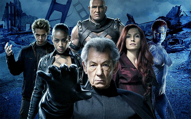 Grupo de vilões liderados por Magneto em frente a um cenário de destruição no universo dos X-Men