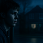 Adolescente observa uma casa vizinha à noite em cena que representa o suspense de Medo da Chuva.