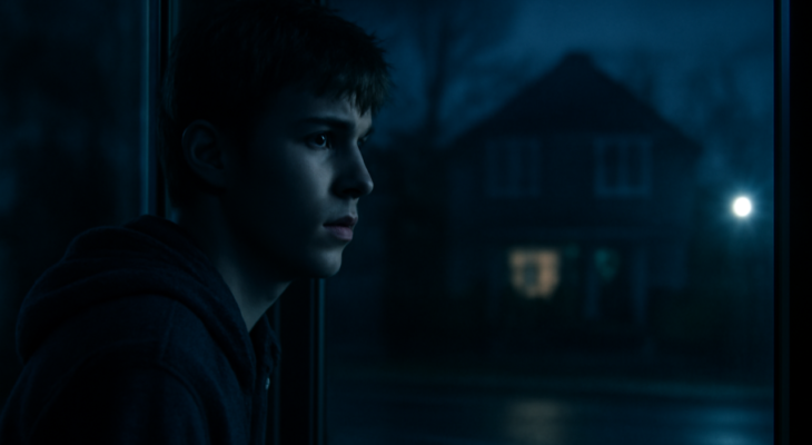 Adolescente observa uma casa vizinha à noite em cena que representa o suspense de Medo da Chuva.