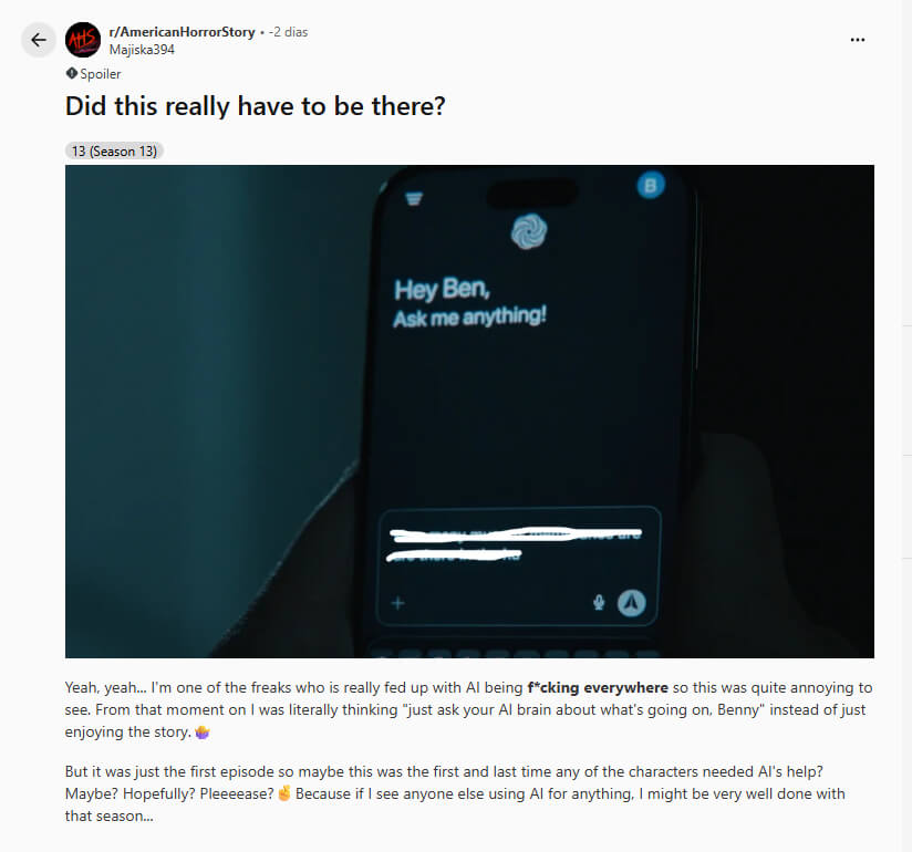 Há um post no Reddit intitulado “Did this really have to be there” com uma imagem da utilização de IA em AHS 13