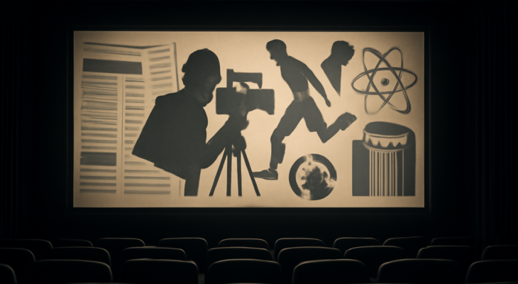 Sala de cinema com imagens abstratas de jornalismo, esporte, ciência e história representando filmes baseados em fatos reais