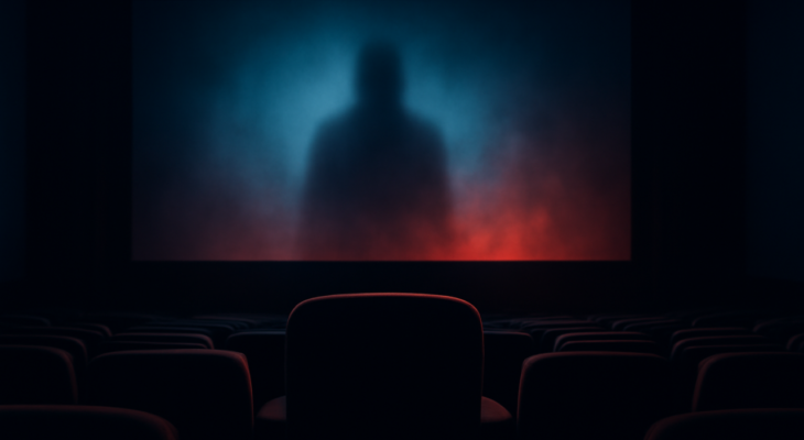 Sala de cinema escura com uma poltrona diante da tela, em clima de suspense e terror