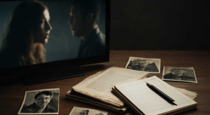 Televisão ao lado de documentos e fotografias em uma composição sobre séries baseadas em fatos reais